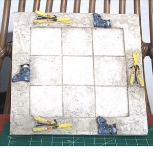 Hen-Feathers Skiing Tic-Tac-Toe Board Rustic Lodge Winter Cabin Decor 6x6